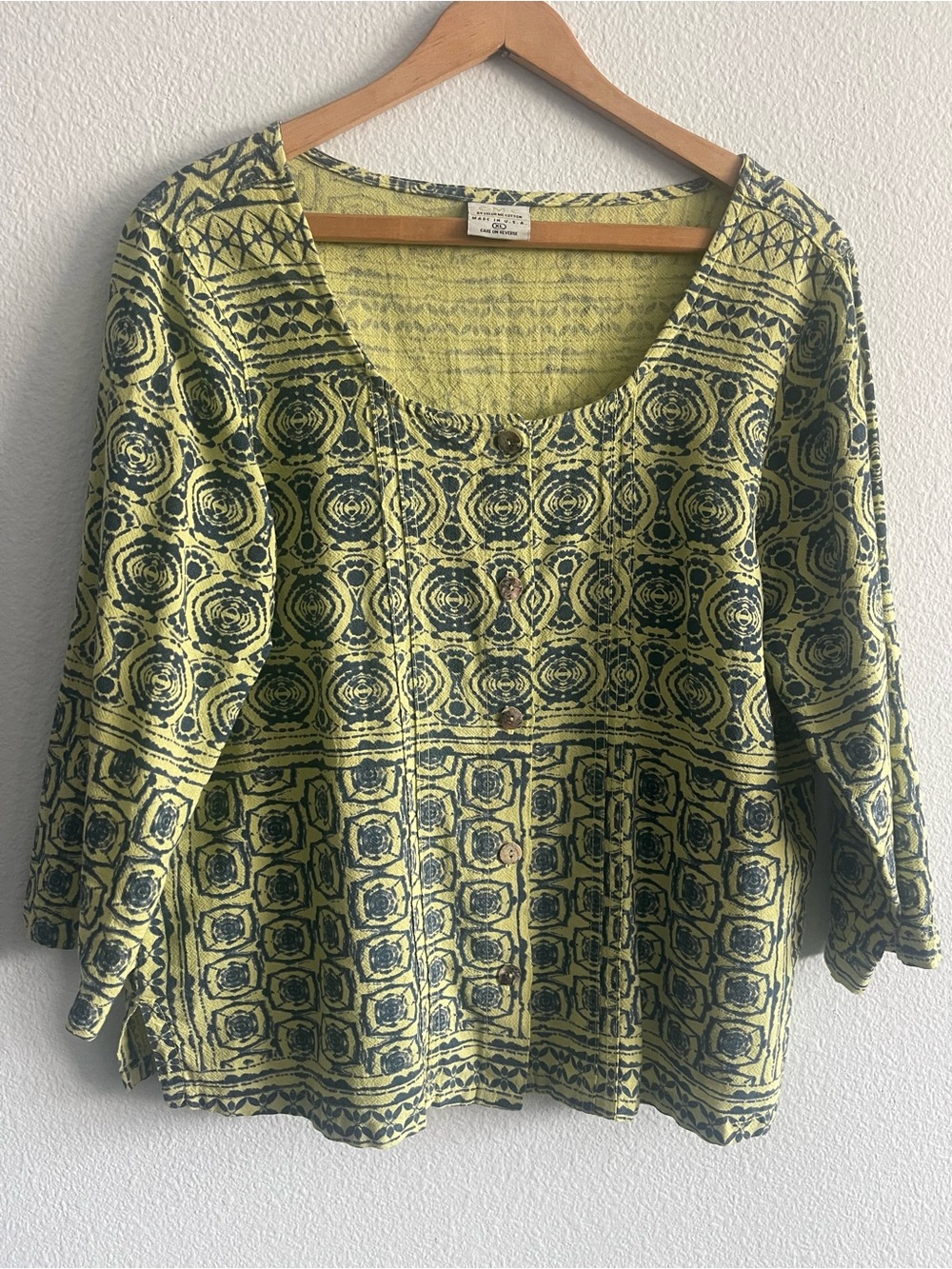 Boho Printed Scoop Neck Button-Front Top in Lime Green and Navy Blue